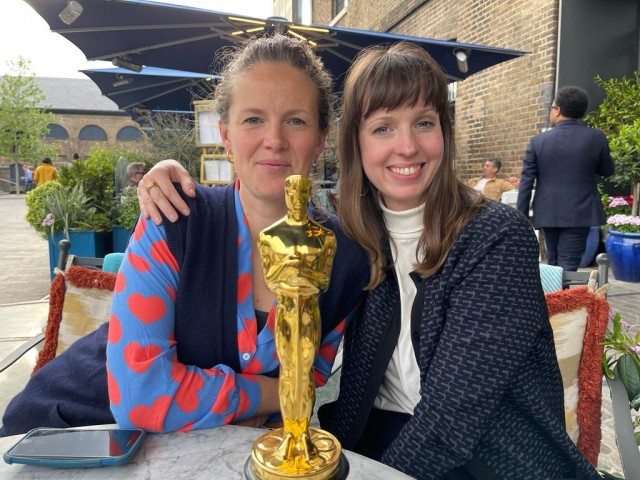 Jess Gormley and Lindsay Poulton with the 2021 Oscar Award for Colette